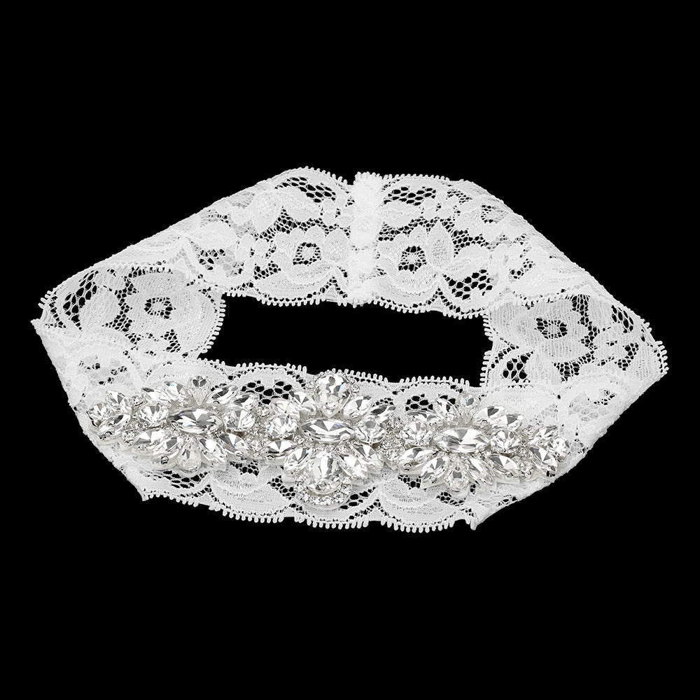 Madeline Love Clear, Silver Teardrop Marquise Stone Cluster Embellished Lace Stretch Wedding Garter - Wedding & Bridal - extra