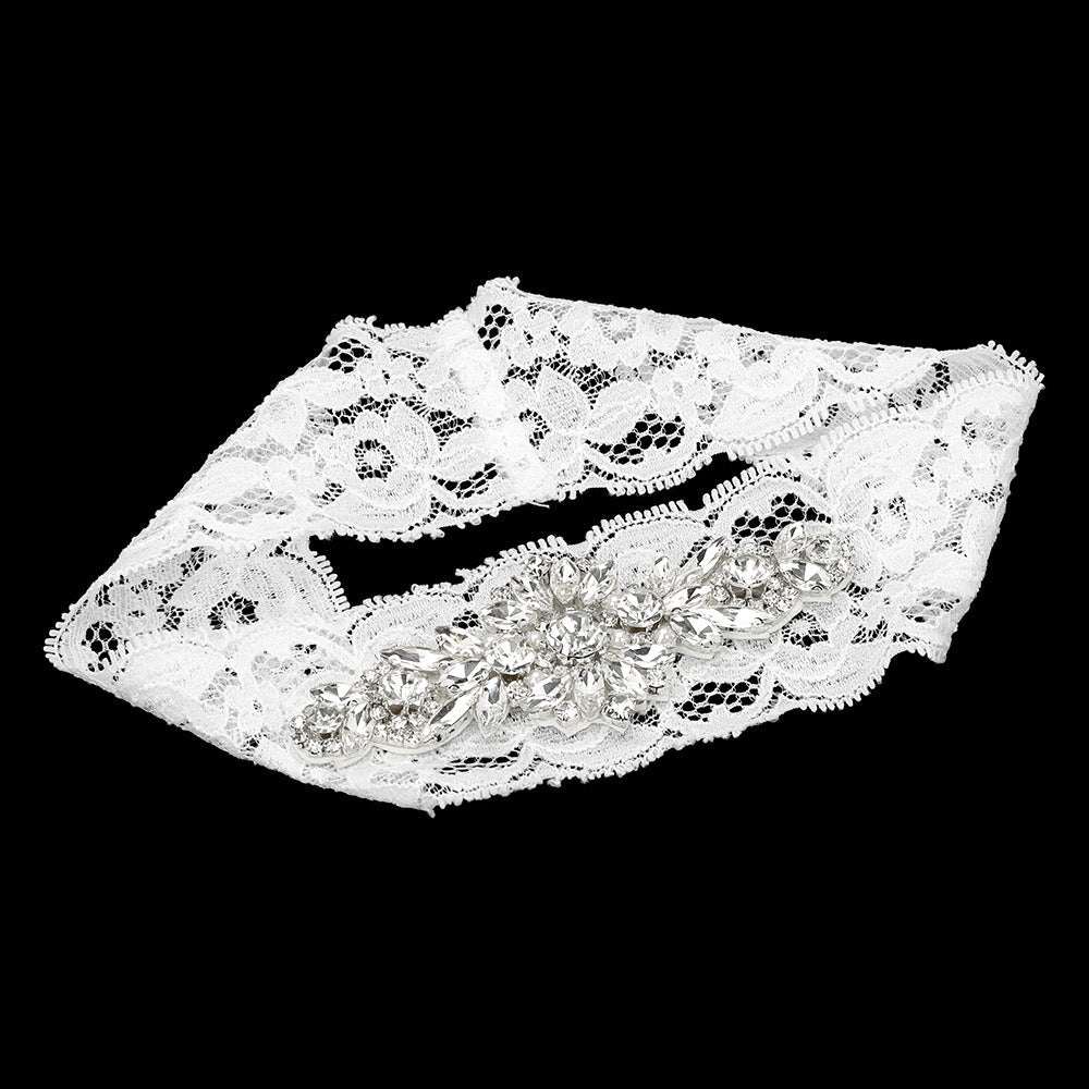 Madeline Love Clear, Silver Marquise Stone Cluster Pearl Embellished Lace Stretch Wedding Garter - Wedding & Bridal - extra