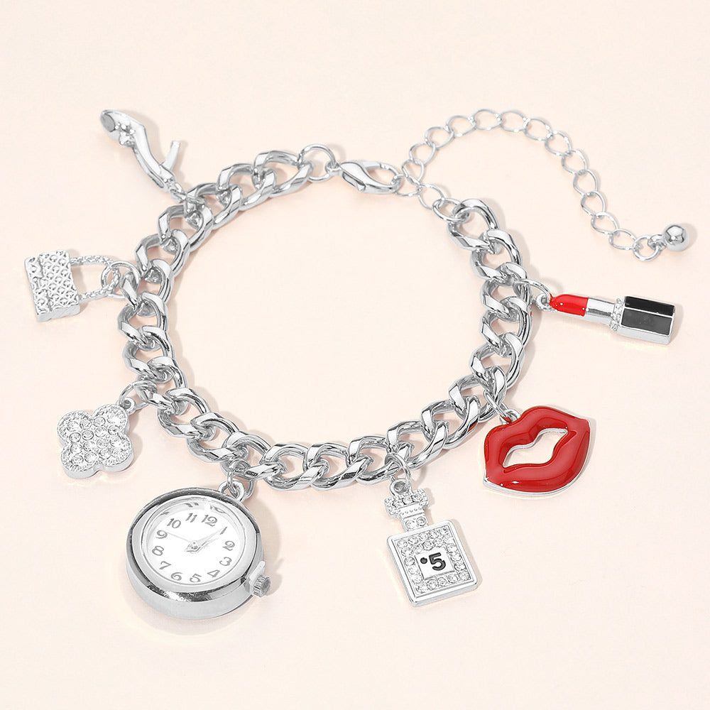 Madeline Love Red, Rhodium Silver Dipped Quatrefoil High Heel Lips Lipstick Charm Watch Bracelet - Bracelets