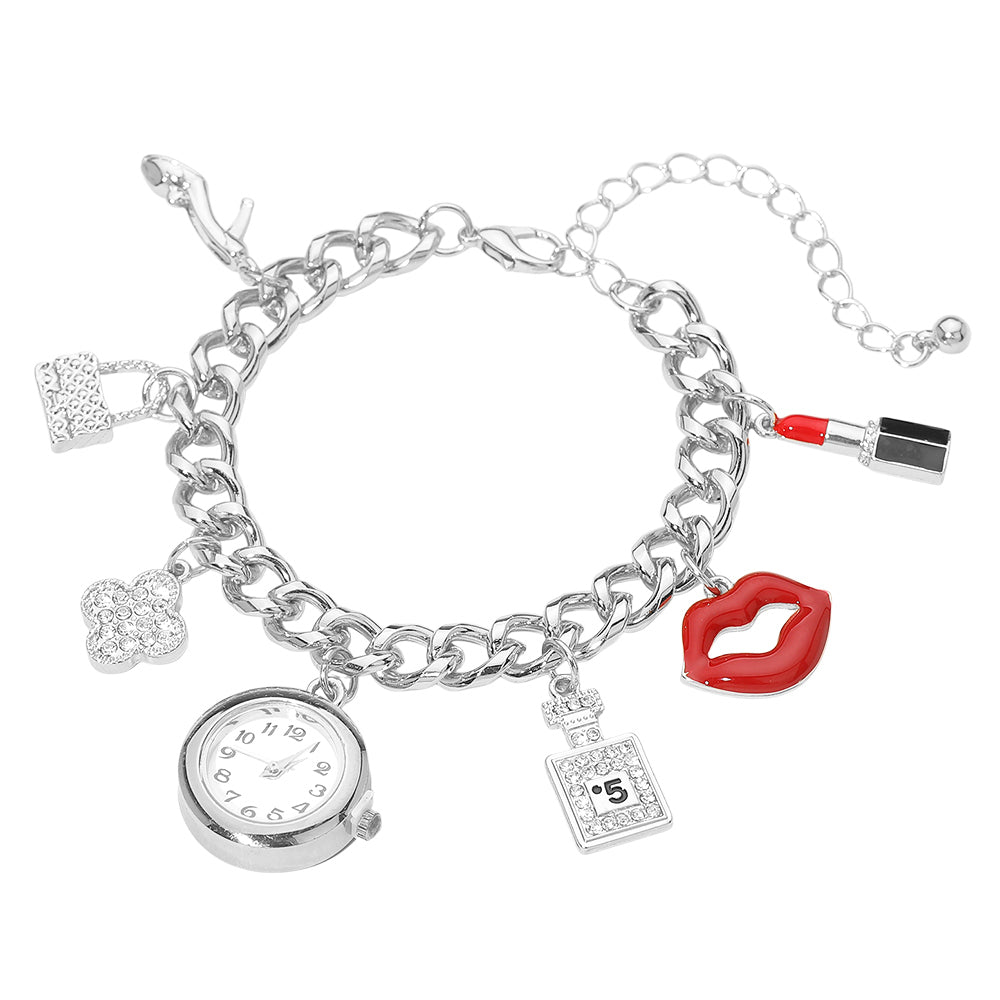 Madeline Love Red, Rhodium Silver Dipped Quatrefoil High Heel Lips Lipstick Charm Watch Bracelet - Bracelets - desc