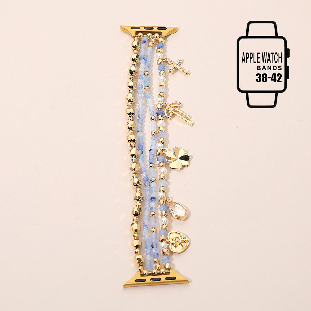 Madeline Love Blue, Gold Bow Clover Heart Cross Charm Dangle Floral Ceramic Ball Pearl Beaded Multi Layered Apple Watch Band - Watches