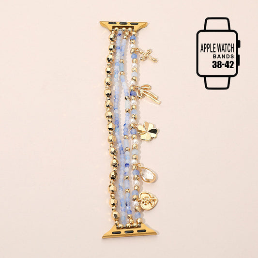 Madeline Love Blue, Gold Bow Clover Heart Cross Charm Dangle Floral Ceramic Ball Pearl Beaded Multi Layered Apple Watch Band - Watches