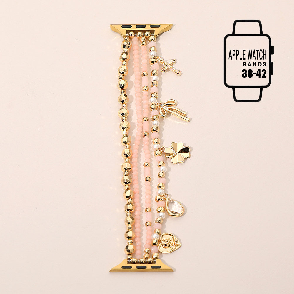 Madeline Love Gold, Pink Bow Clover Heart Cross Charm Dangle Floral Ceramic Ball Pearl Beaded Multi Layered Apple Watch Band - Watches