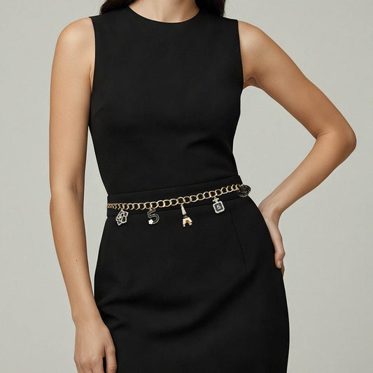 Madeline Love Black, Gold Decorative Charm Station Waist Chain Belt - Jewelry