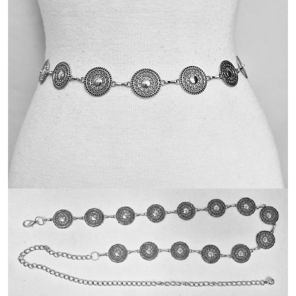 Madeline Love Antique Silver Boho Vintage Medallion Link Waist Chain Belt - Hair Accessories - desc