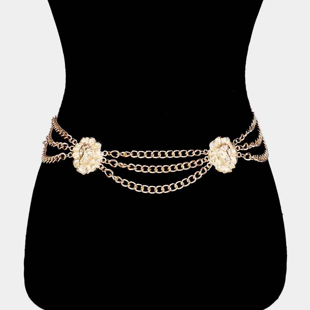 Madeline Love Gold Double Lion Accented Draped Metal Chain Belt - Hair Accessories