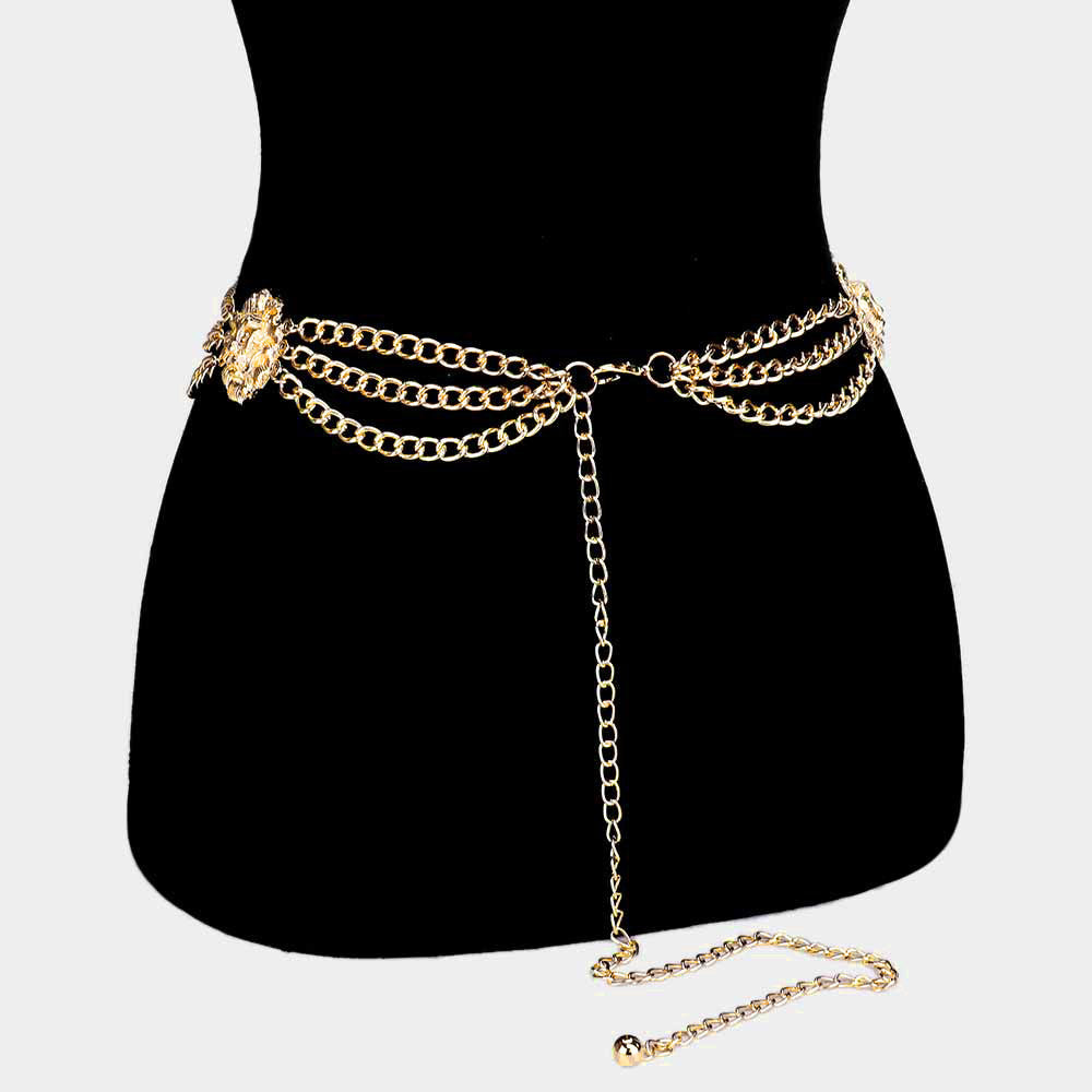 Madeline Love Gold Double Lion Accented Draped Metal Chain Belt - Hair Accessories - desc