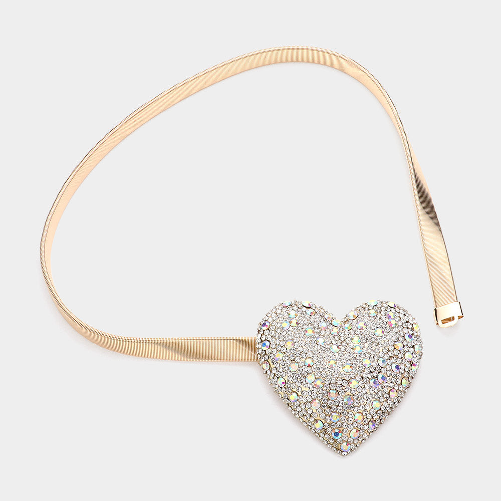 Rhinestone Paved Heart Buckle Accented Stretch Metal Belt