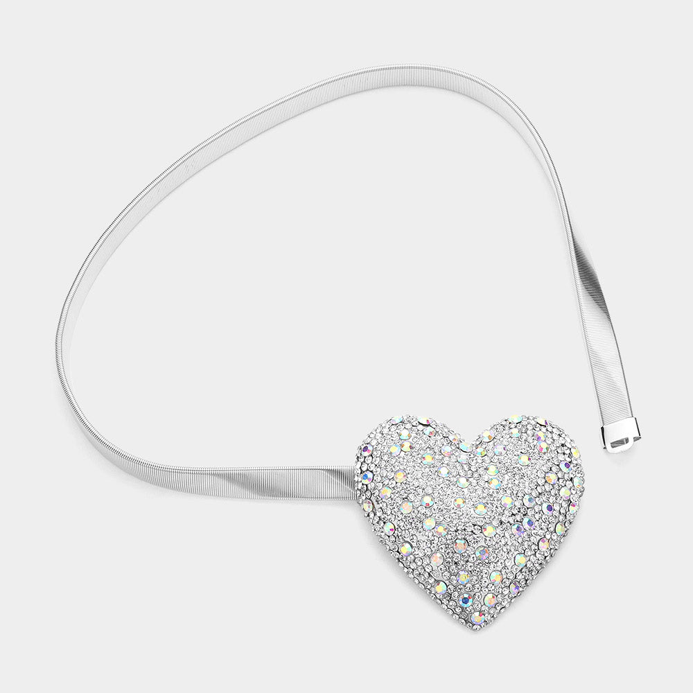 Rhinestone Paved Heart Buckle Accented Stretch Metal Belt