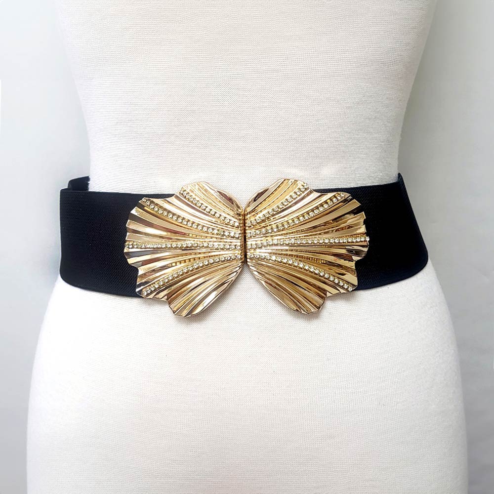 Madeline Love Black, Gold Bold Textured Shell Buckle Accent Wide Stretch Waist Belt - Jewelry - desc
