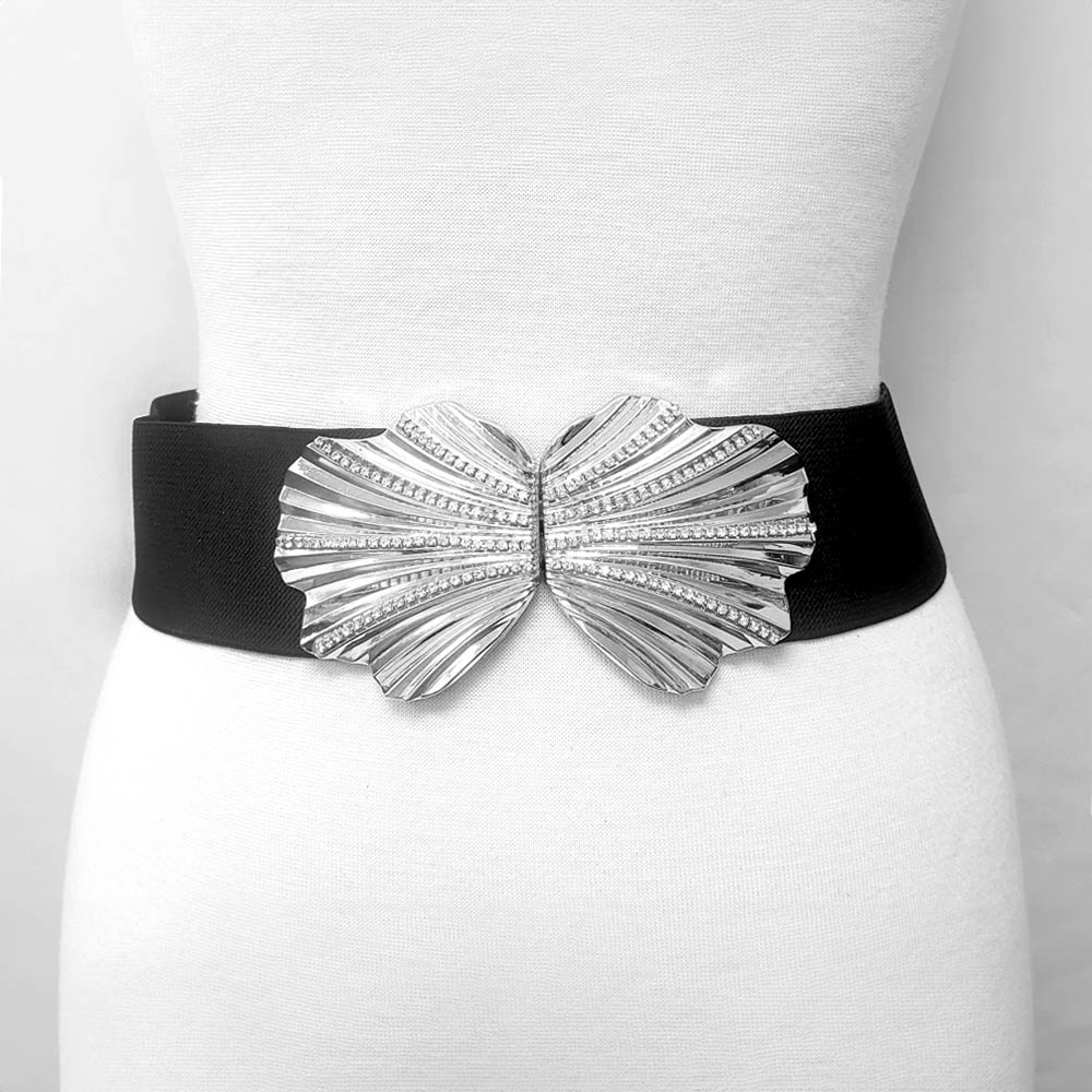 Madeline Love Black, Rhodium Bold Textured Shell Buckle Accent Wide Stretch Waist Belt - Jewelry - desc