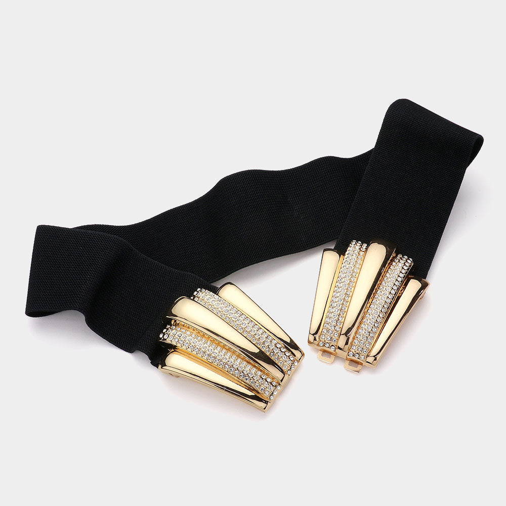Madeline Love Black, Gold Stone Paved Metal Plate Buckle Accented Elastic Belt - Hair Accessories - desc
