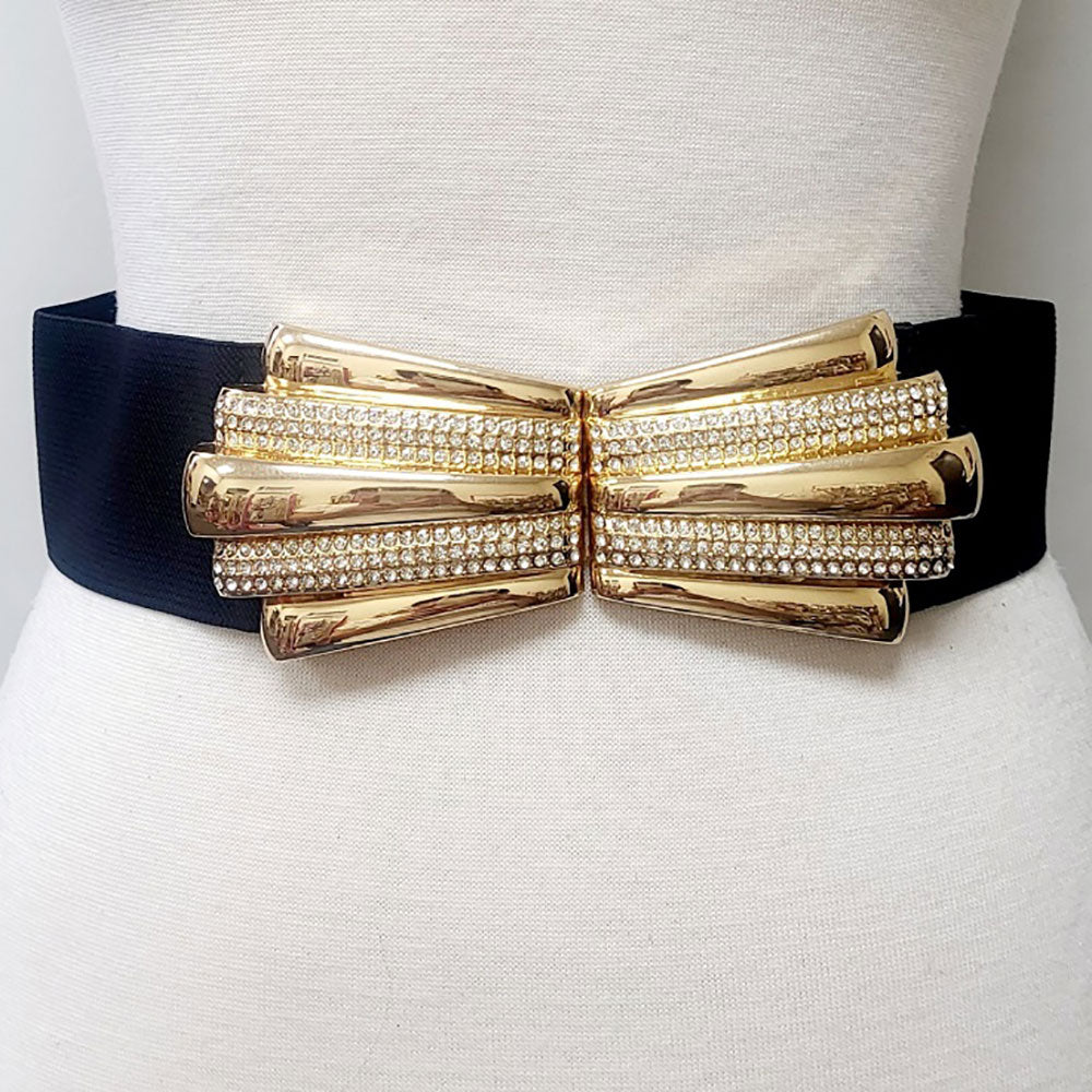 Madeline Love Black, Gold Stone Paved Metal Plate Buckle Accented Elastic Belt - Hair Accessories - extra