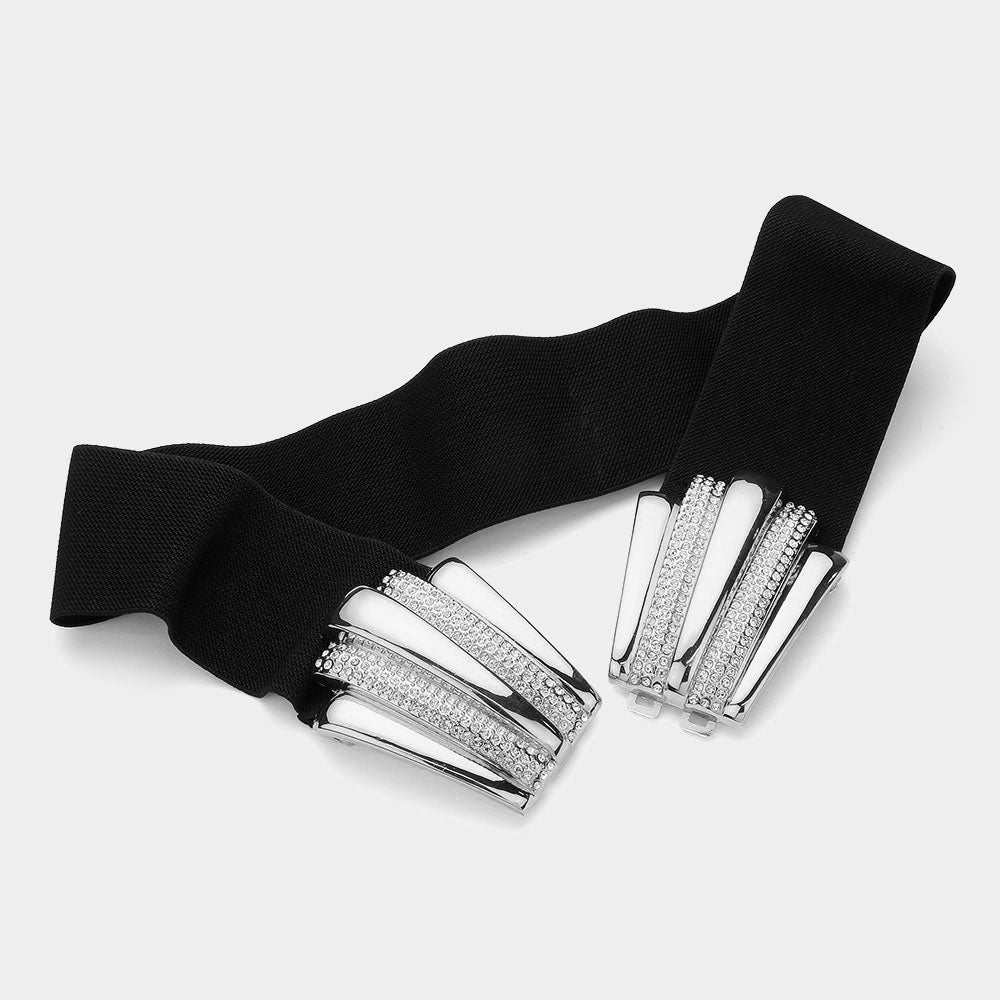 Madeline Love Black, Rhodium Stone Paved Metal Plate Buckle Accented Elastic Belt - Hair Accessories - desc