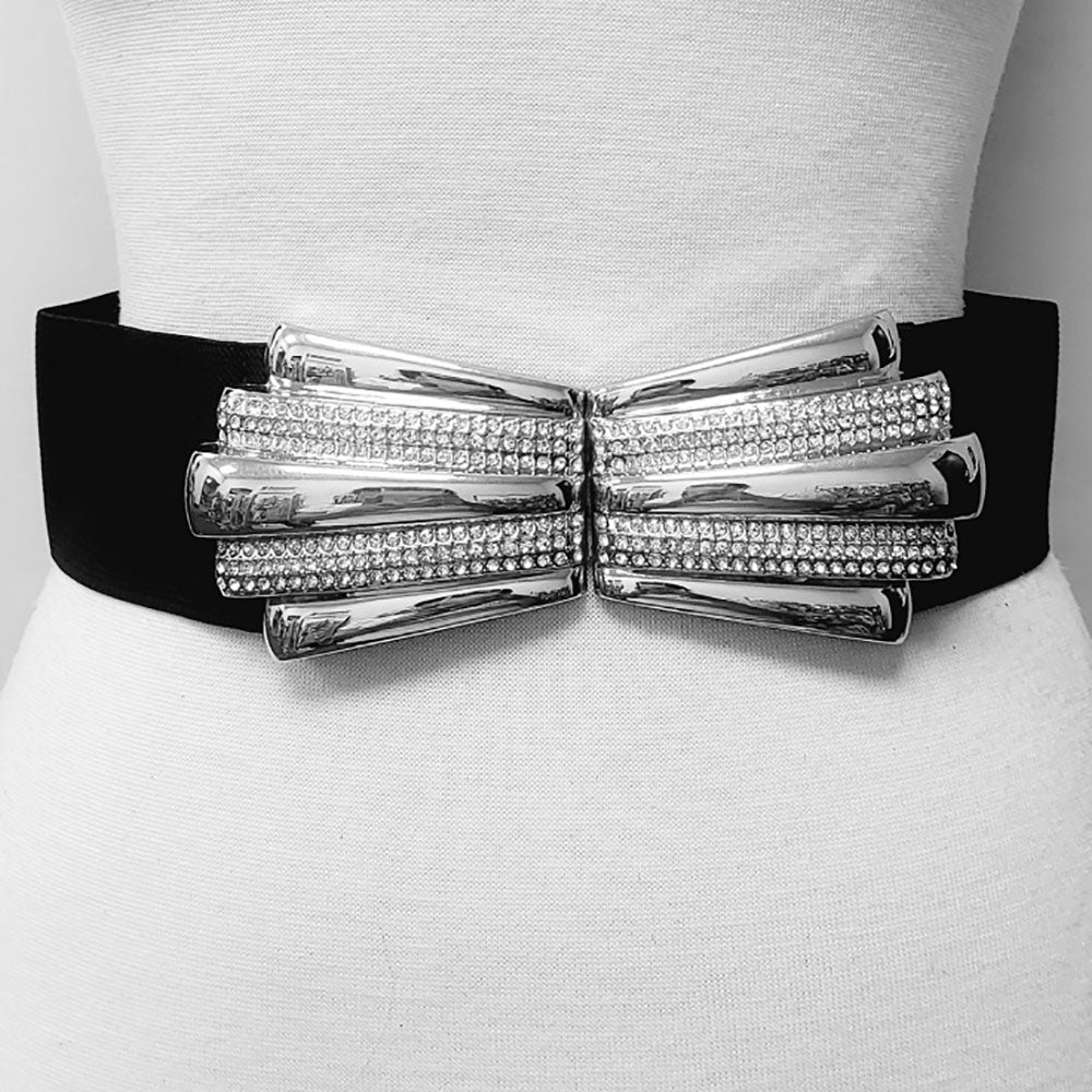 Madeline Love Black, Rhodium Stone Paved Metal Plate Buckle Accented Elastic Belt - Hair Accessories - extra