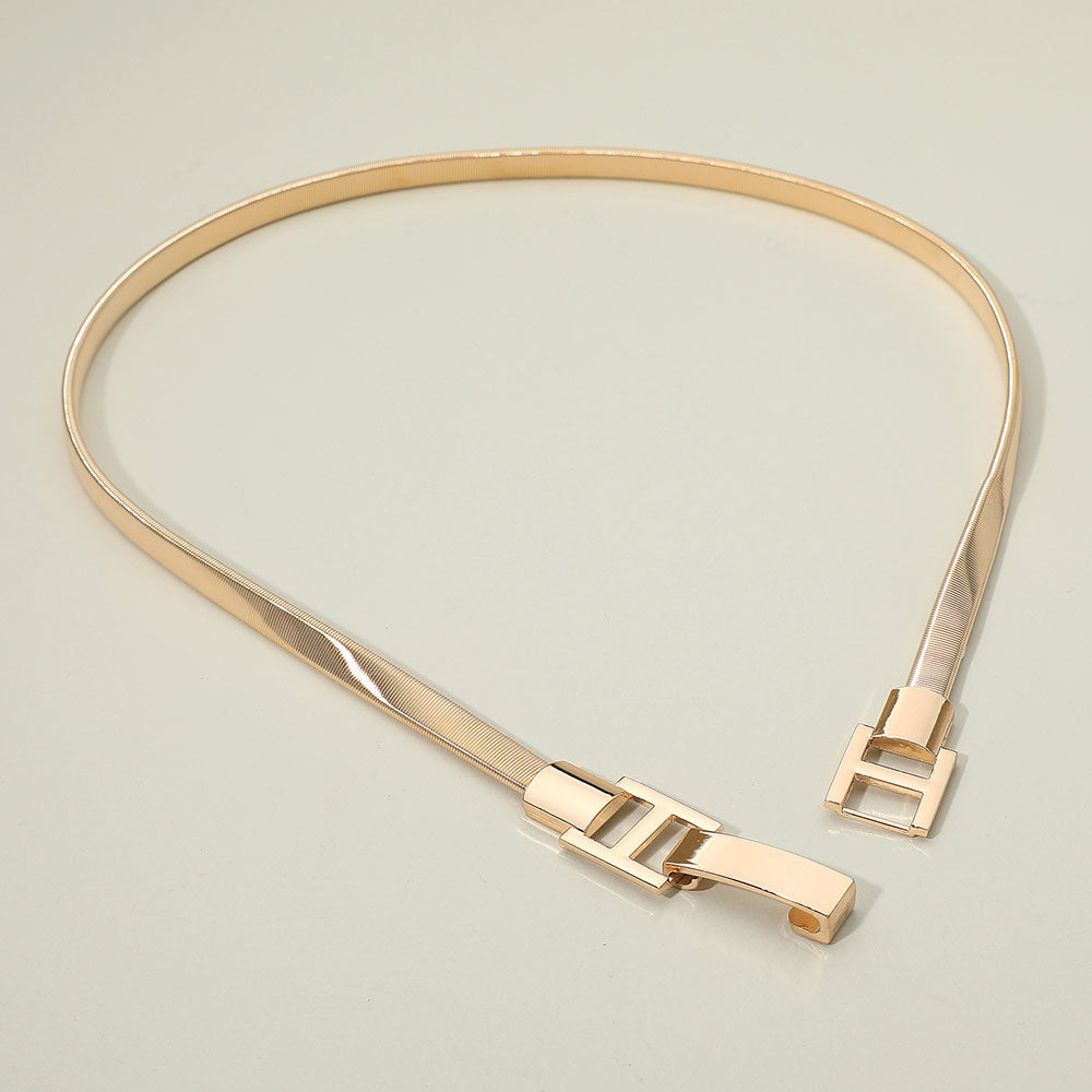 Madeline Love Gold Polished Rectangular Metal Buckle Accent Slim Stretch Belt - Hair Accessories - desc