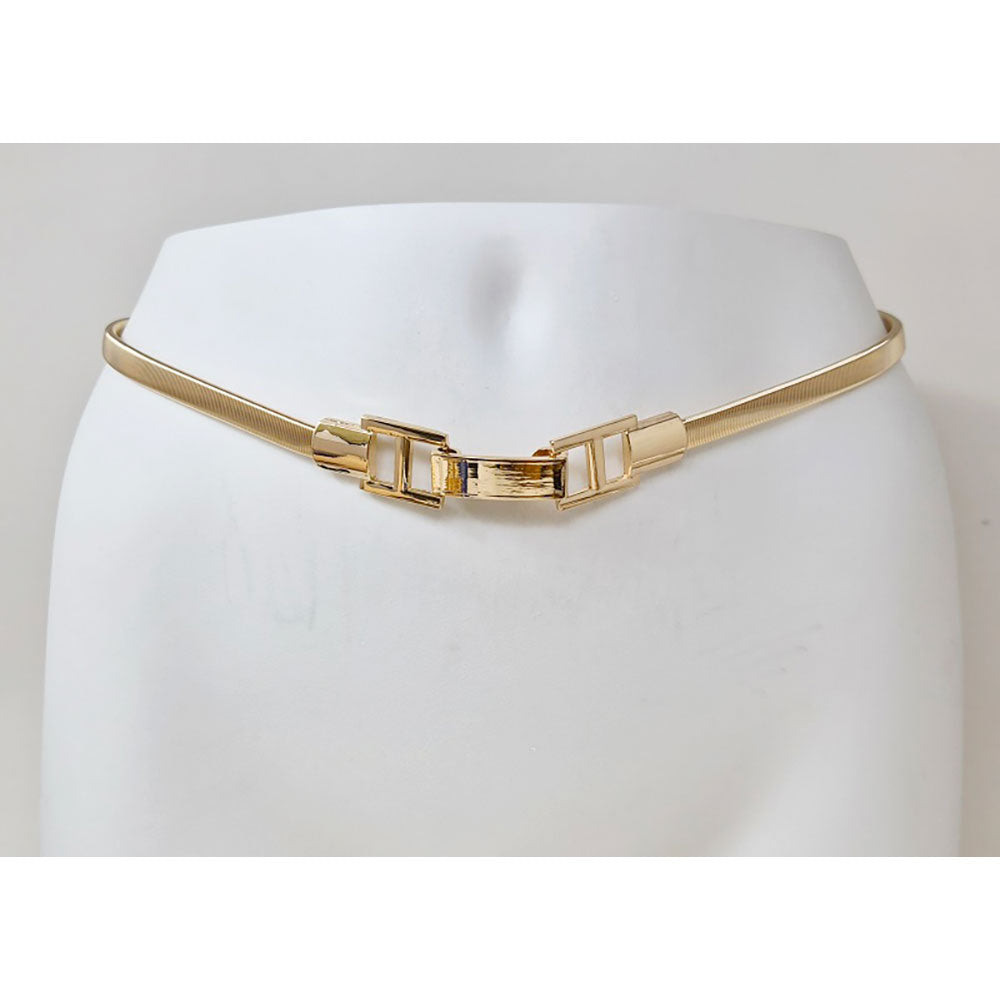 Madeline Love Gold Polished Rectangular Metal Buckle Accent Slim Stretch Belt - Hair Accessories - extra
