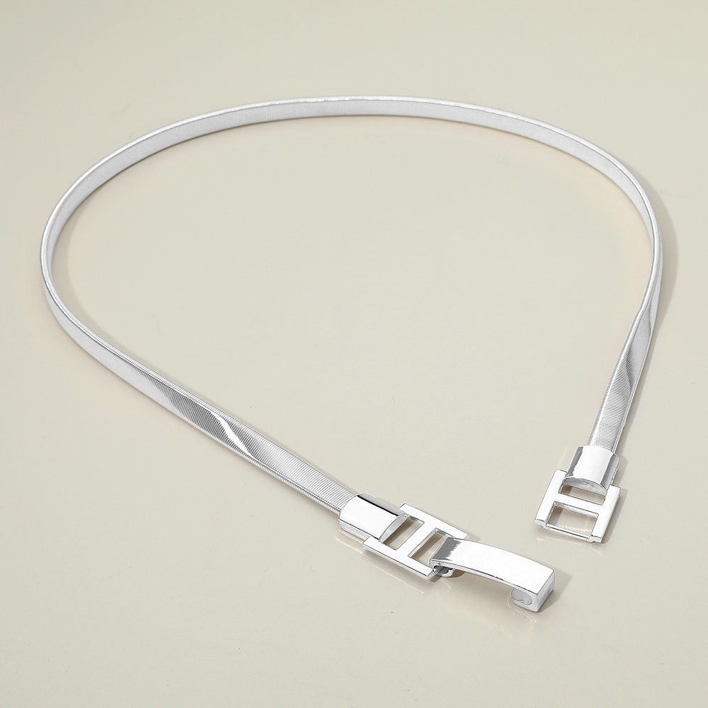 Madeline Love Rhodium Polished Rectangular Metal Buckle Accent Slim Stretch Belt - Hair Accessories - desc