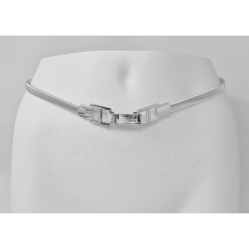 Madeline Love Rhodium Polished Rectangular Metal Buckle Accent Slim Stretch Belt - Hair Accessories - extra