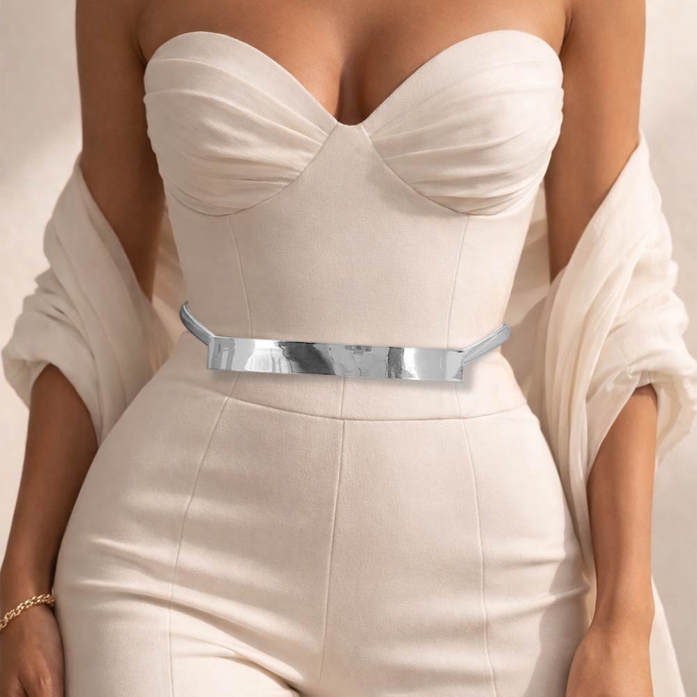 Madeline Love Rhodium Sleek Metal Bar Buckle Accent Stretch Metal Belt - Hair Accessories