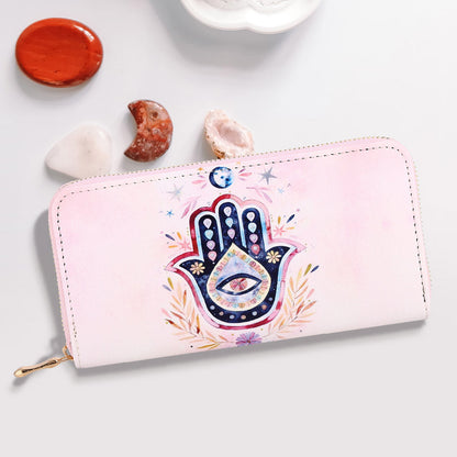 Madeline Love Pink Evil Eye Centered Hamsa Hand Leaf Print Wallet - Bags & Wallets