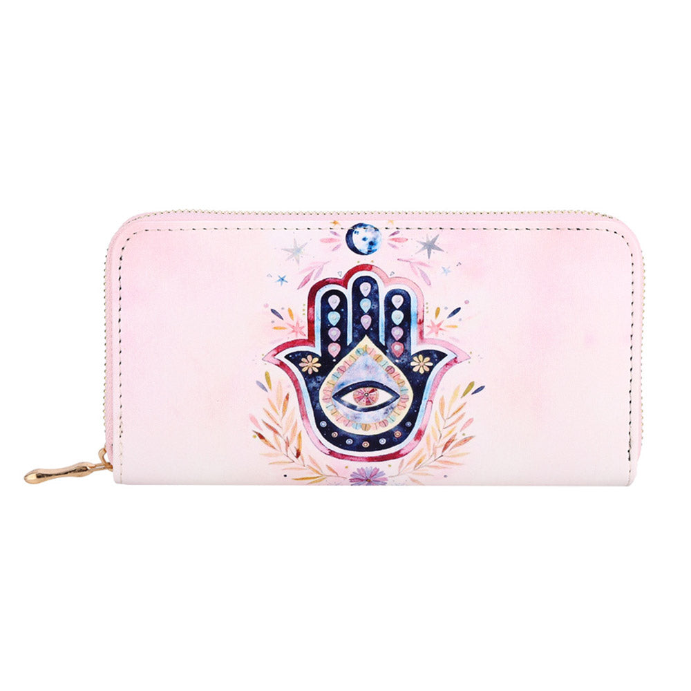 Madeline Love Pink Evil Eye Centered Hamsa Hand Leaf Print Wallet - Bags & Wallets - desc