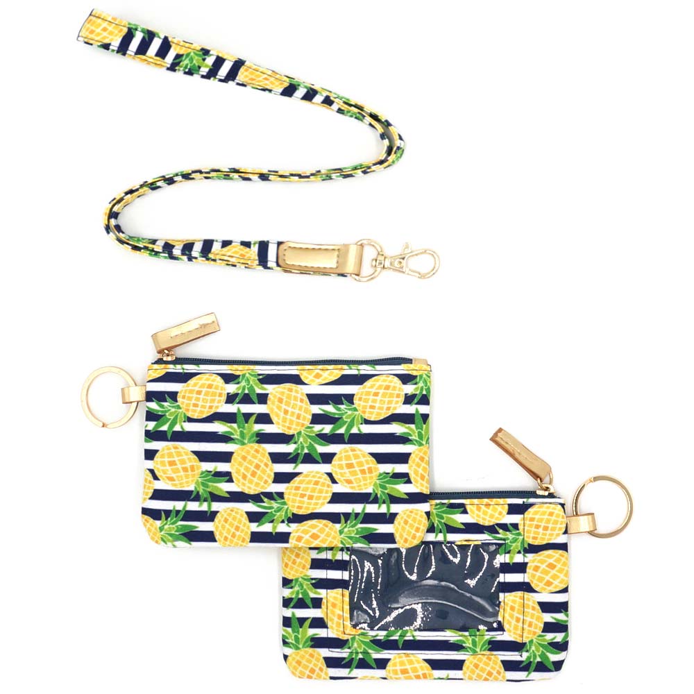 Madeline Love Navy Pineapple Accented Striped ID Wallet Detachable Lanyard - Bags & Wallets - desc