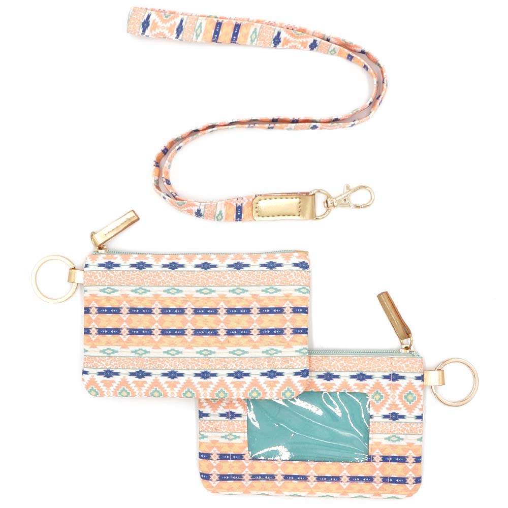 Madeline Love Coral, Multi Boho Aztec Patterned ID Wallet Detachable Lanyard - Bags & Wallets - desc