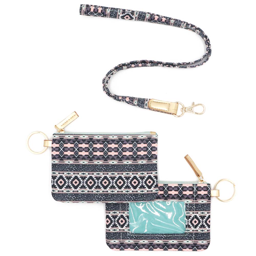 Madeline Love Gray, Multi Boho Aztec Patterned ID Wallet Detachable Lanyard - Bags & Wallets - desc