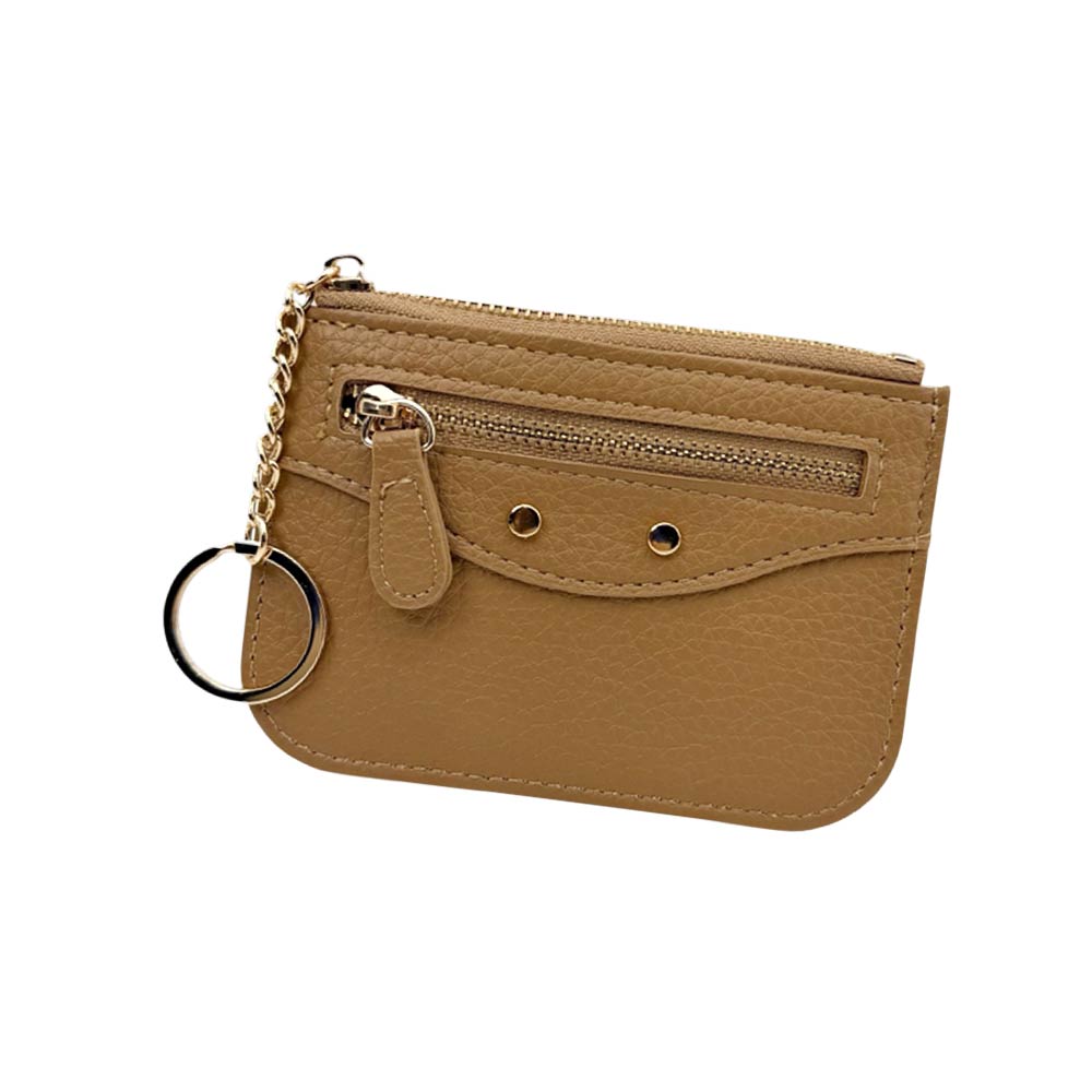 Madeline Love Taupe Compact Slim Faux Leather Zip Card Holder Wallet with Key Ring - Bags & Wallets - desc