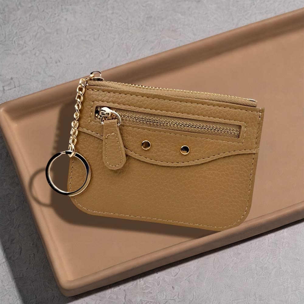Madeline Love Taupe Compact Slim Faux Leather Zip Card Holder Wallet with Key Ring - Bags & Wallets