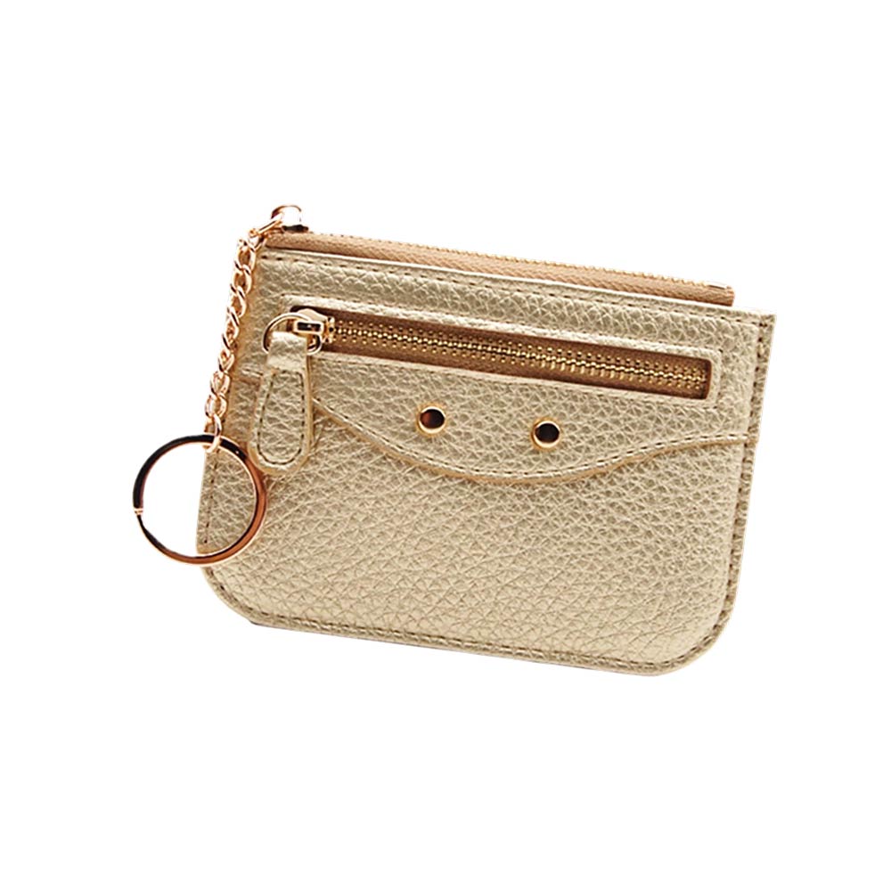 Madeline Love Gold Compact Slim Faux Leather Zip Card Holder Wallet with Key Ring - Bags & Wallets - desc