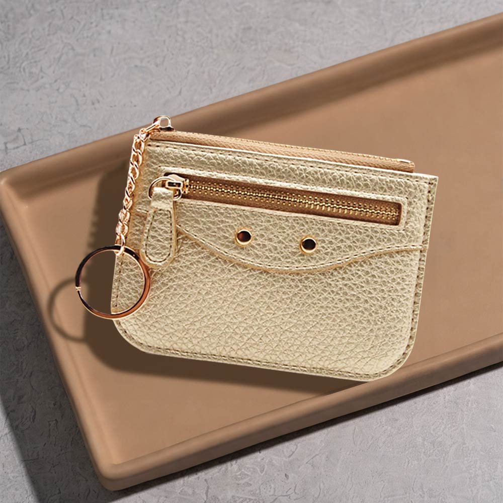 Madeline Love Gold Compact Slim Faux Leather Zip Card Holder Wallet with Key Ring - Bags & Wallets