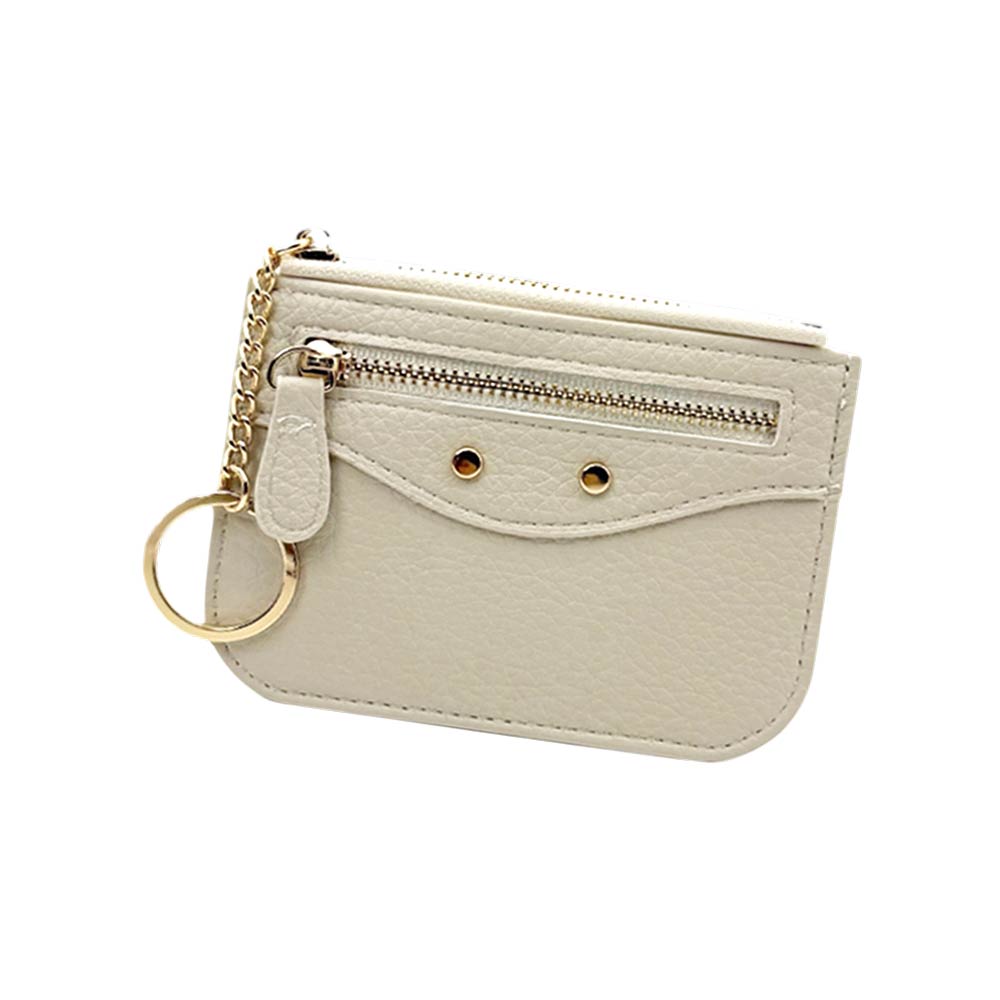 Madeline Love Ivory Compact Slim Faux Leather Zip Card Holder Wallet with Key Ring - Bags & Wallets - desc