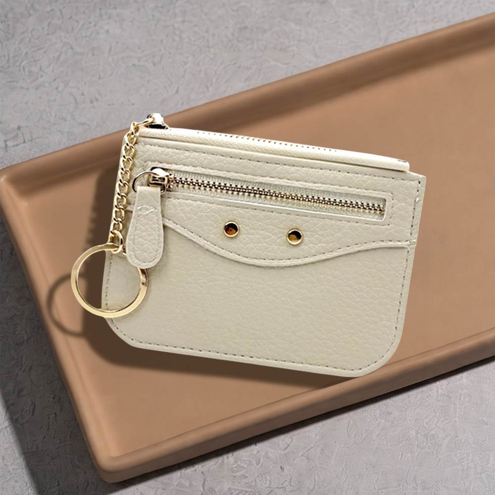Madeline Love Ivory Compact Slim Faux Leather Zip Card Holder Wallet with Key Ring - Bags & Wallets