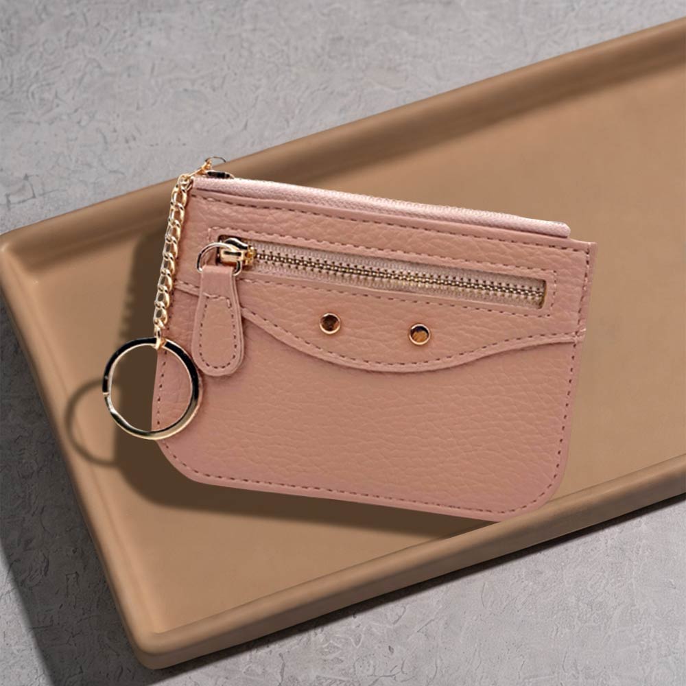 Madeline Love Pink Compact Slim Faux Leather Zip Card Holder Wallet with Key Ring - Bags & Wallets
