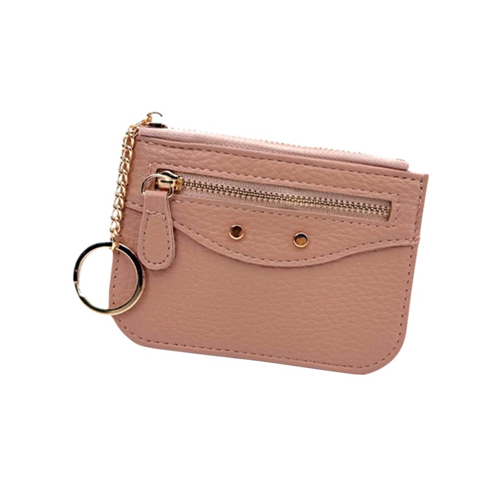 Madeline Love Pink Compact Slim Faux Leather Zip Card Holder Wallet with Key Ring - Bags & Wallets - desc