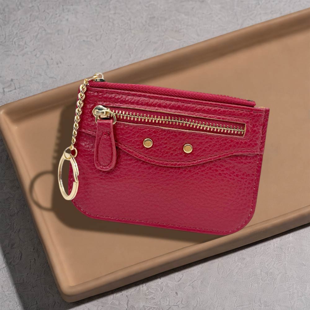 Madeline Love Red Compact Slim Faux Leather Zip Card Holder Wallet with Key Ring - Bags & Wallets