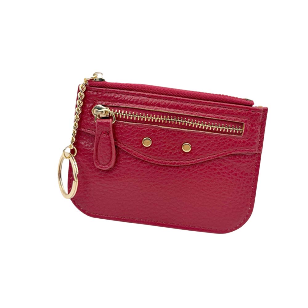 Madeline Love Red Compact Slim Faux Leather Zip Card Holder Wallet with Key Ring - Bags & Wallets - desc