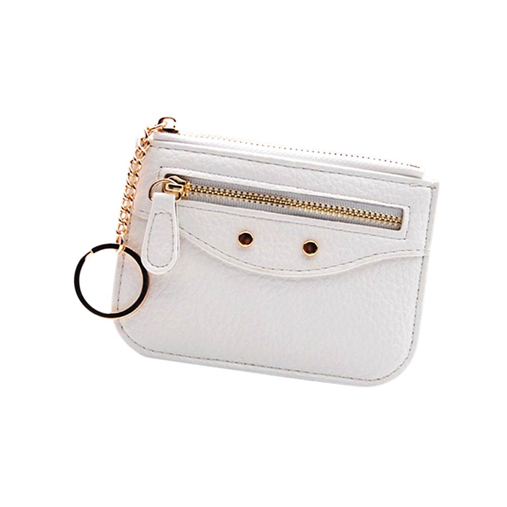 Madeline Love White Compact Slim Faux Leather Zip Card Holder Wallet with Key Ring - Bags & Wallets - desc