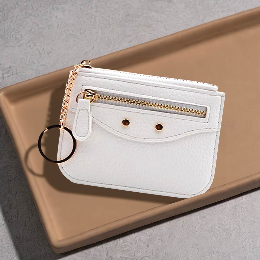 Madeline Love White Compact Slim Faux Leather Zip Card Holder Wallet with Key Ring - Bags & Wallets