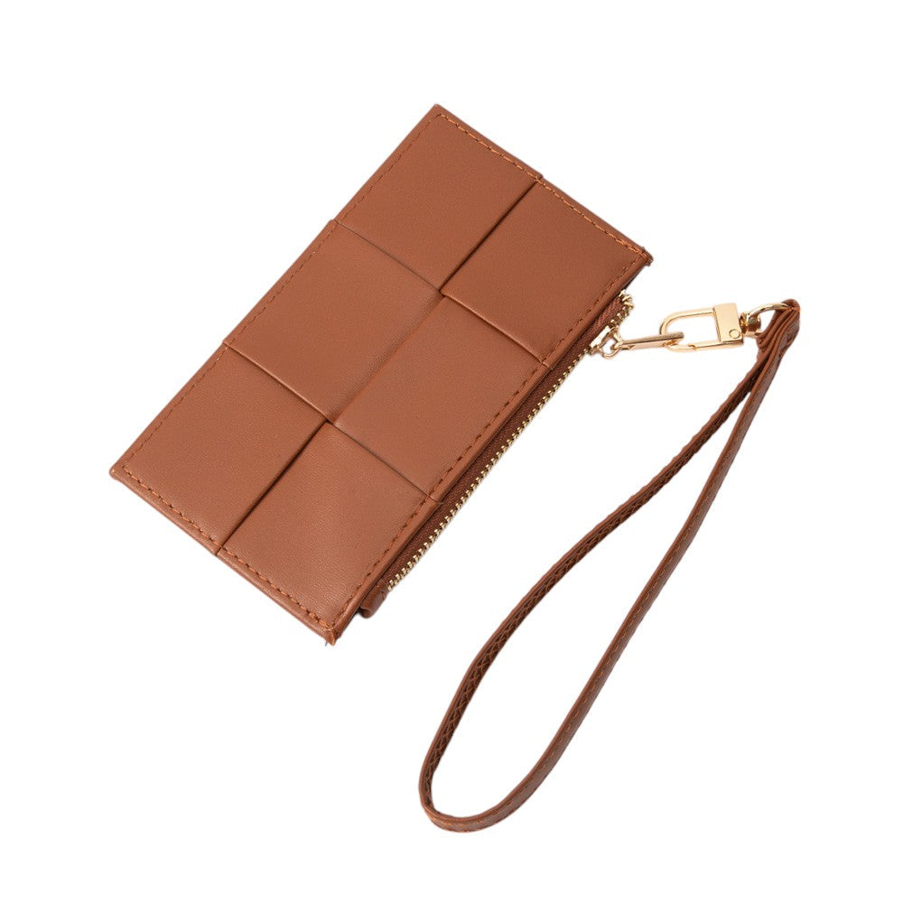 Madeline Love Brown Faux Leather Weave Flat Wristlet Card / Coin Wallet - Bags & Wallets - desc