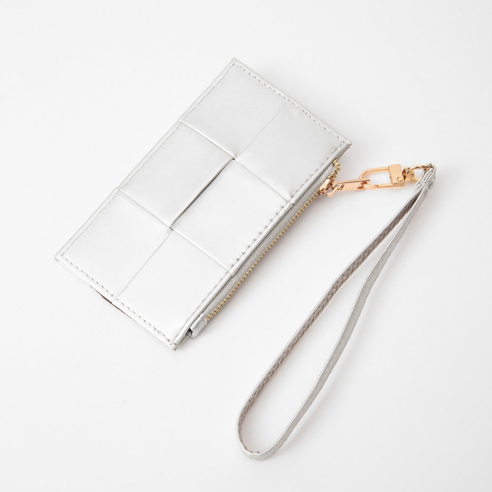 Madeline Love Silver Faux Leather Weave Flat Wristlet Card / Coin Wallet - Bags & Wallets