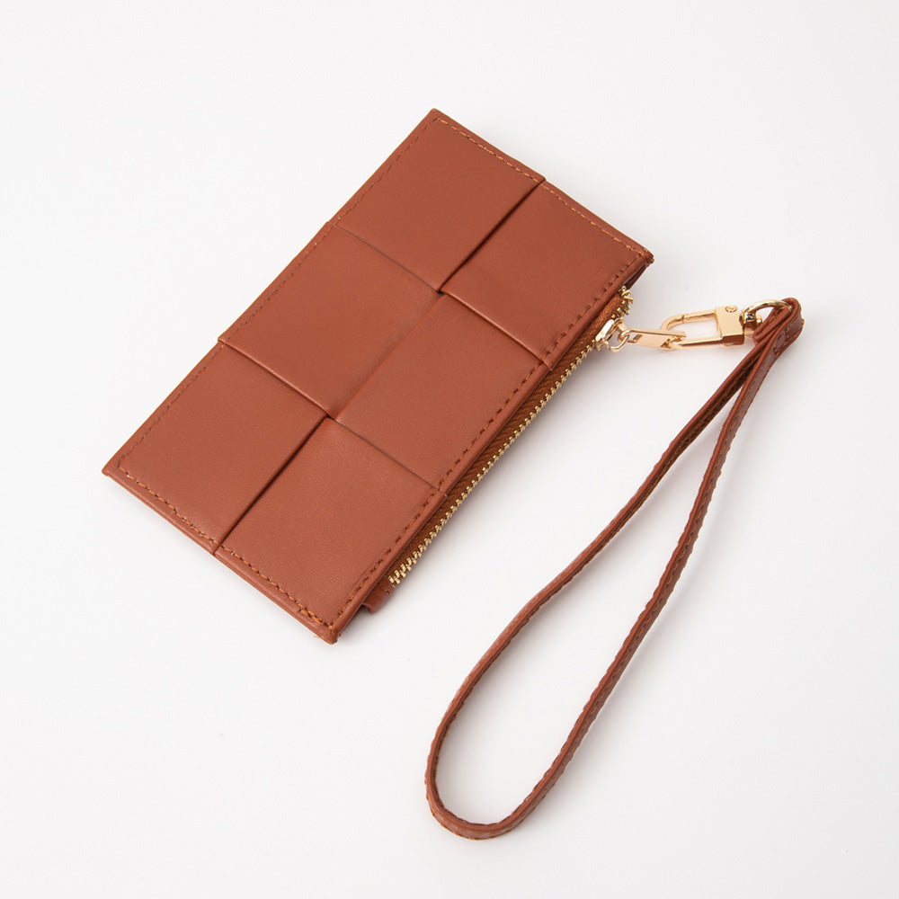 Madeline Love Tan Faux Leather Weave Flat Wristlet Card / Coin Wallet - Bags & Wallets