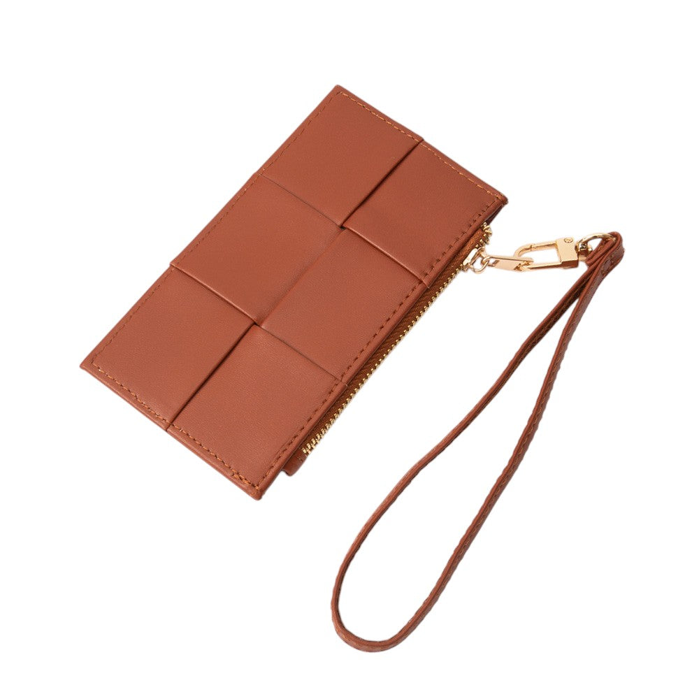 Madeline Love Tan Faux Leather Weave Flat Wristlet Card / Coin Wallet - Bags & Wallets - desc