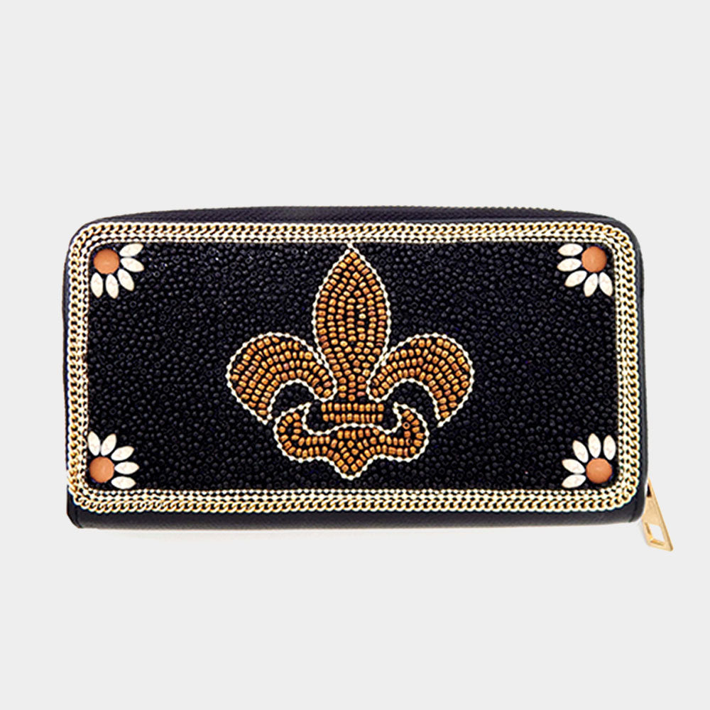 Madeline Love Black Seed Beaded Fleur de Lis Zipper Wallet - Bags & Wallets