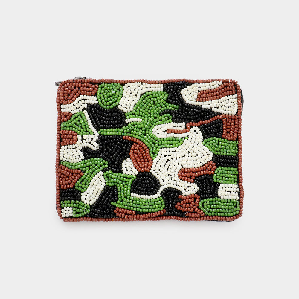 Madeline Love Green Camouflage Patterned Seed Beaded Coin / Card Purse - Bags & Wallets