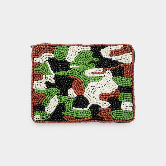 Madeline Love Green Camouflage Patterned Seed Beaded Coin / Card Purse - Bags & Wallets