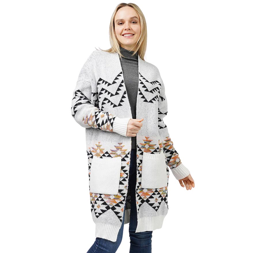 White Aztec Patterned Sweater Cardigan, delicate, warm, on-trend & fabulous, a luxe addition to any cold-weather ensemble. This cardigan with a slouchy long sleeve is the perfect accessory featuring the oh-so-trendy soft chic garment, which keeps you warm, and toasty. Perfect Gift for wife, mom, birthday, holiday, etc.