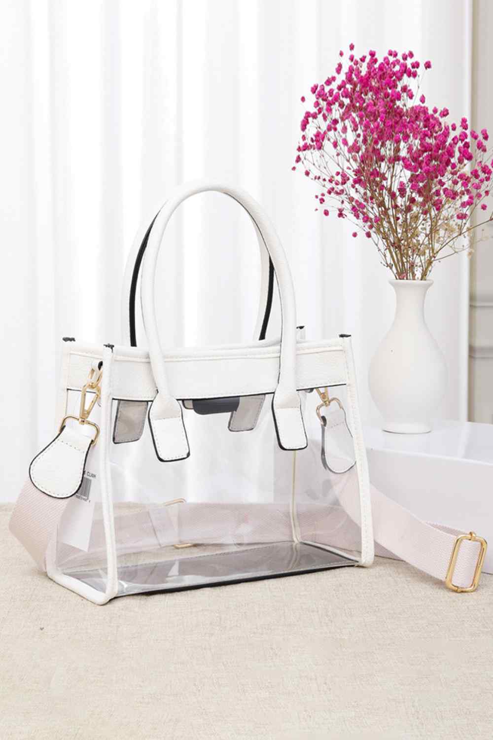 Women’s Color Trim Clear Hand Bag Handbag - White - HandBag